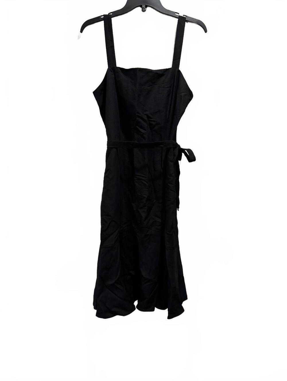 LOFT Black Linen Blend Midi Dress Size 8 Square Neck Tie Waist Ruffle Hem